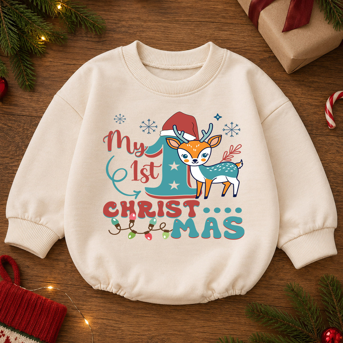 Christmas Dogs Baby Romper, Watercolor Puppy Christmas Tree Romper, Dog Lover 1st Birthday Holiday Outfit, Cute Xmas Gift for Baby — product view 2