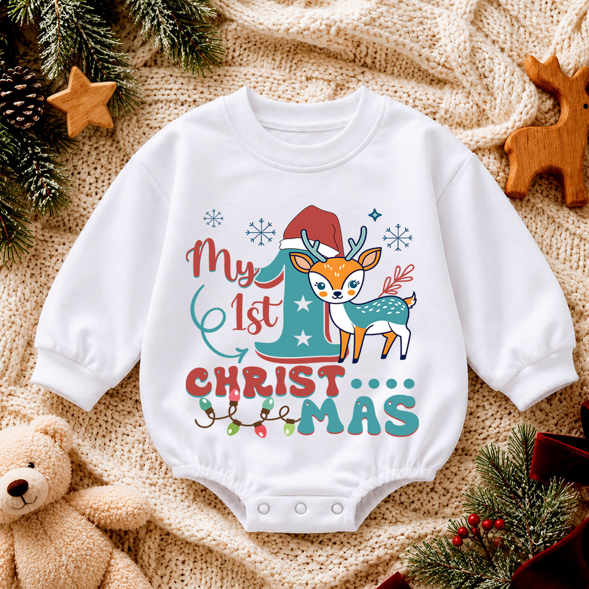 Christmas Dogs Baby Romper, Watercolor Puppy Christmas Tree Romper, Dog Lover 1st Birthday Holiday Outfit, Cute Xmas Gift for Baby — product view 4