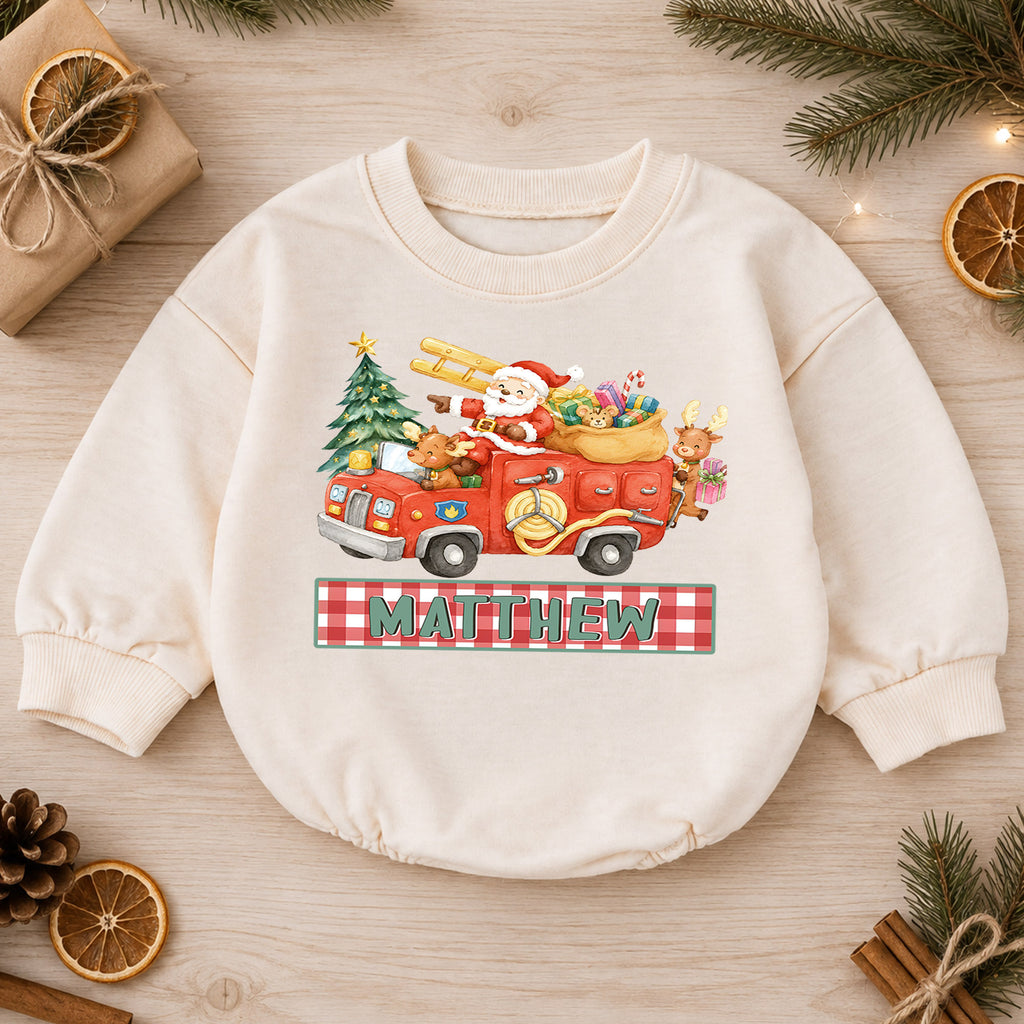 Custom Name Santa Fire Truck Baby Romper, Personalized Christmas Rescue Outfit, Cute 1st Christmas Holiday Gift for Boys — product view 1