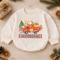 Custom Name Santa Fire Truck Baby Romper, Personalized Christmas Rescue Outfit, Cute 1st Christmas Holiday Gift for Boys — product view 1