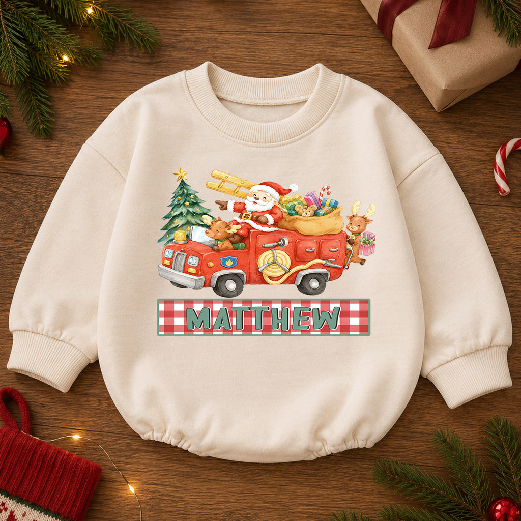 Custom Name Santa Fire Truck Baby Romper, Personalized Christmas Rescue Outfit, Cute 1st Christmas Holiday Gift for Boys — product view 2