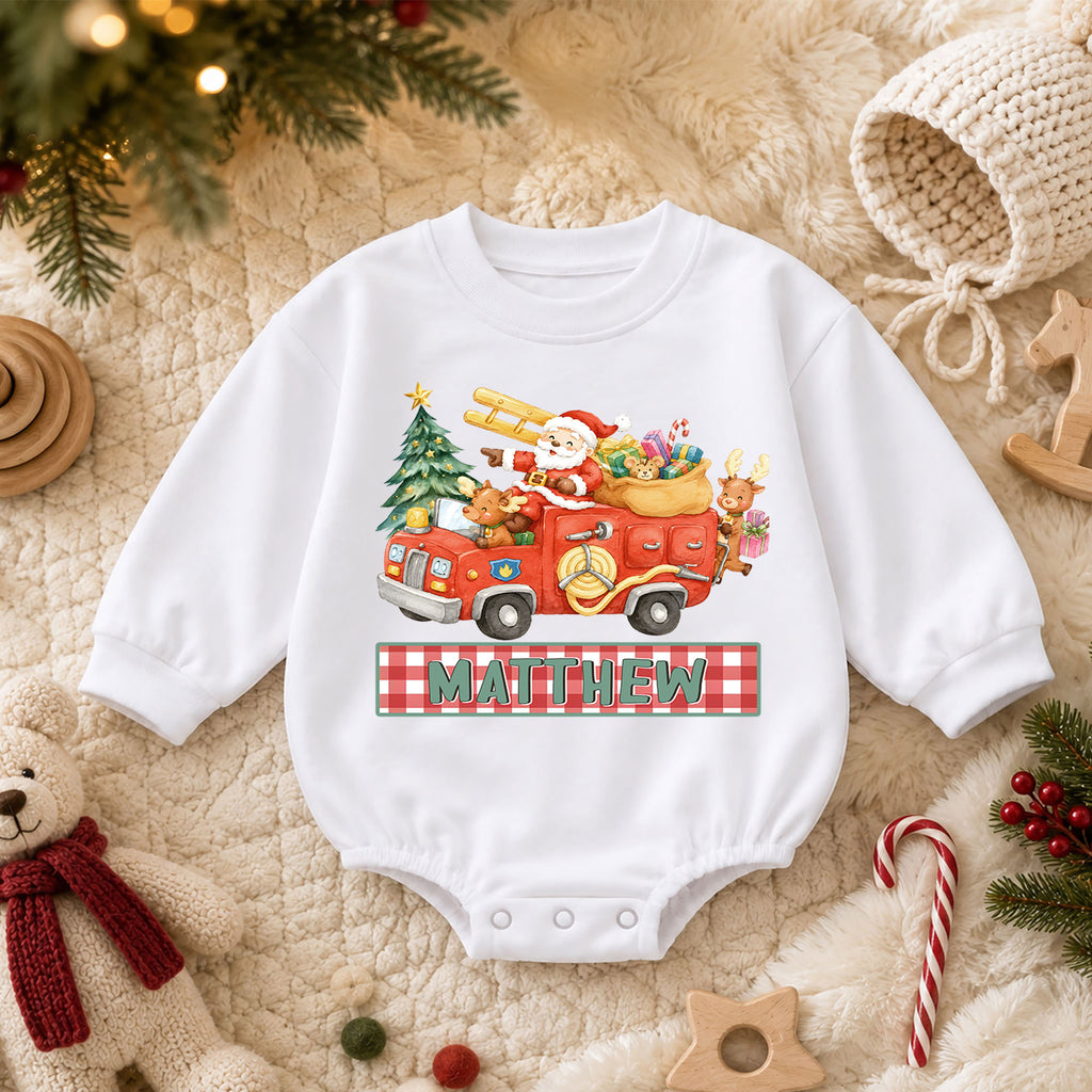 Custom Name Santa Fire Truck Baby Romper, Personalized Christmas Rescue Outfit, Cute 1st Christmas Holiday Gift for Boys — product view 3