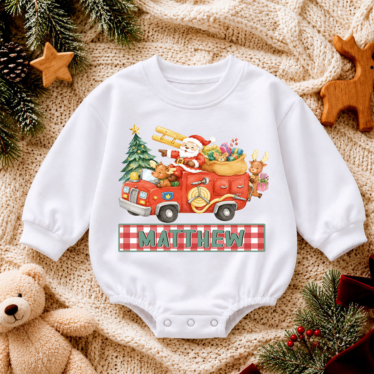 Custom Name Santa Fire Truck Baby Romper, Personalized Christmas Rescue Outfit, Cute 1st Christmas Holiday Gift for Boys — product view 4