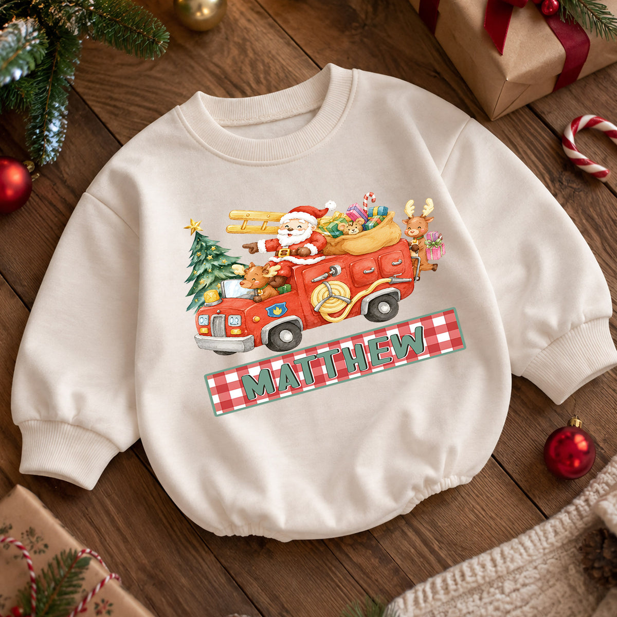 Custom Name Santa Fire Truck Baby Romper, Personalized Christmas Rescue Outfit, Cute 1st Christmas Holiday Gift for Boys — product view 5