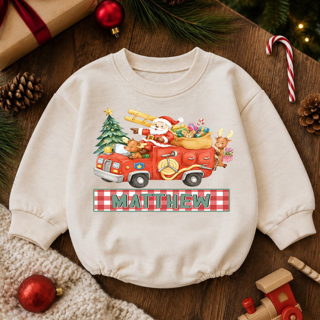 Custom Name Santa Fire Truck Baby Romper, Personalized Christmas Rescue Outfit, Cute 1st Christmas Holiday Gift for Boys — product view 6