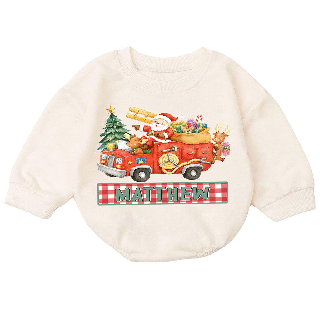 Custom Name Santa Fire Truck Baby Romper, Personalized Christmas Rescue Outfit, Cute 1st Christmas Holiday Gift for Boys — product view 7