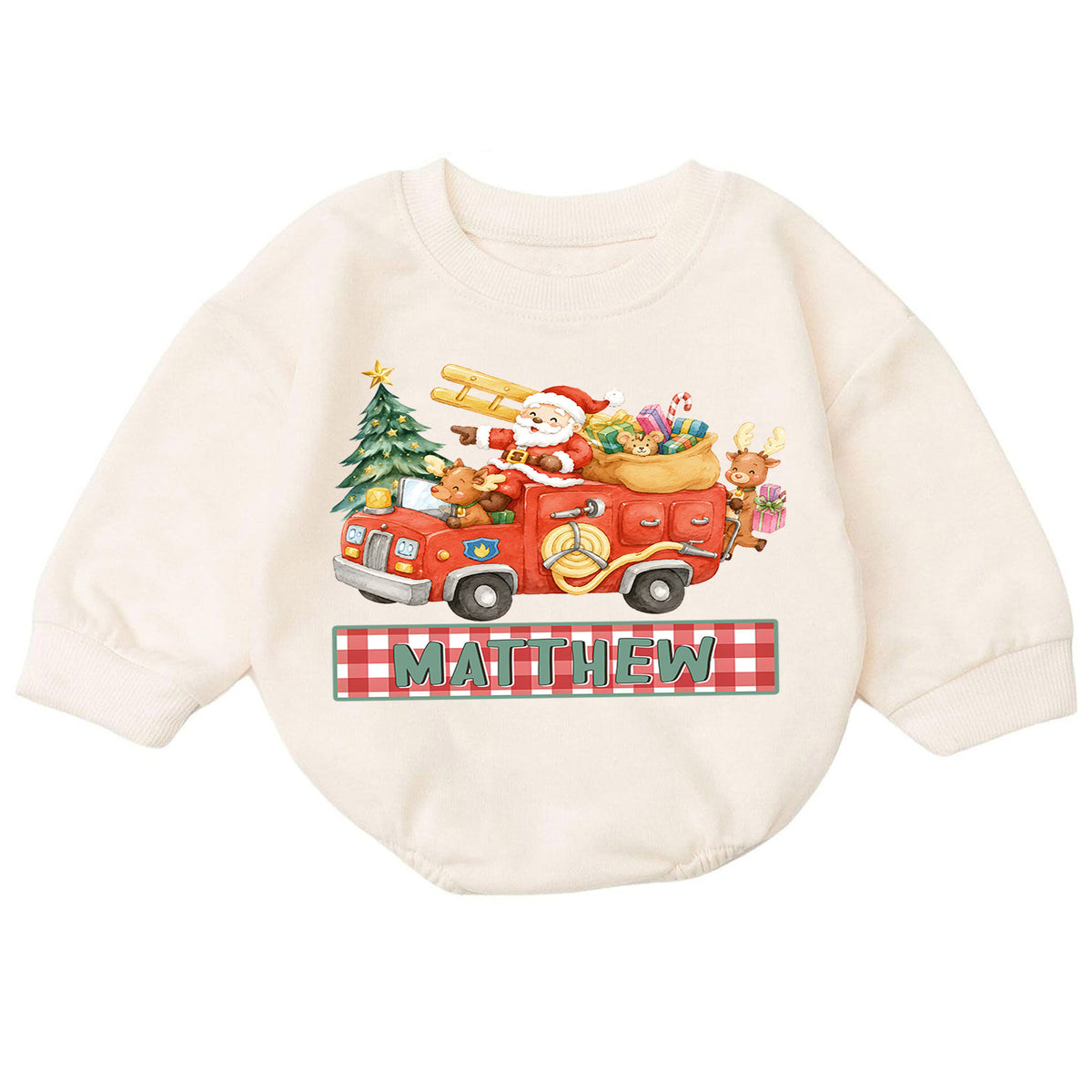 Custom Name Santa Fire Truck Baby Romper, Personalized Christmas Rescue Outfit, Cute 1st Christmas Holiday Gift for Boys — product view 7