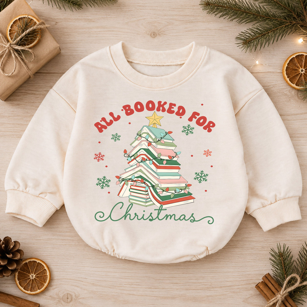 All Booked for Christmas Romper, Book Lover Holiday Romper, Christmas Book Tree Outfit, Reader Gift for Baby — product view 1