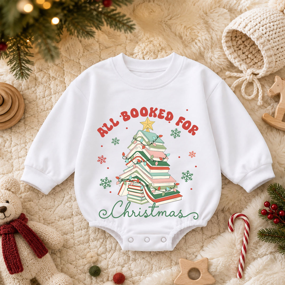 All Booked for Christmas Romper, Book Lover Holiday Romper, Christmas Book Tree Outfit, Reader Gift for Baby — product view 3