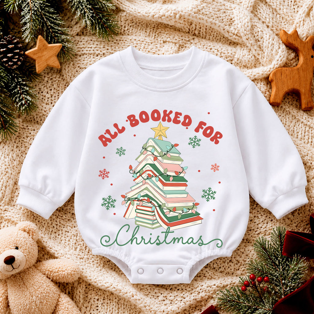 All Booked for Christmas Romper, Book Lover Holiday Romper, Christmas Book Tree Outfit, Reader Gift for Baby — product view 4