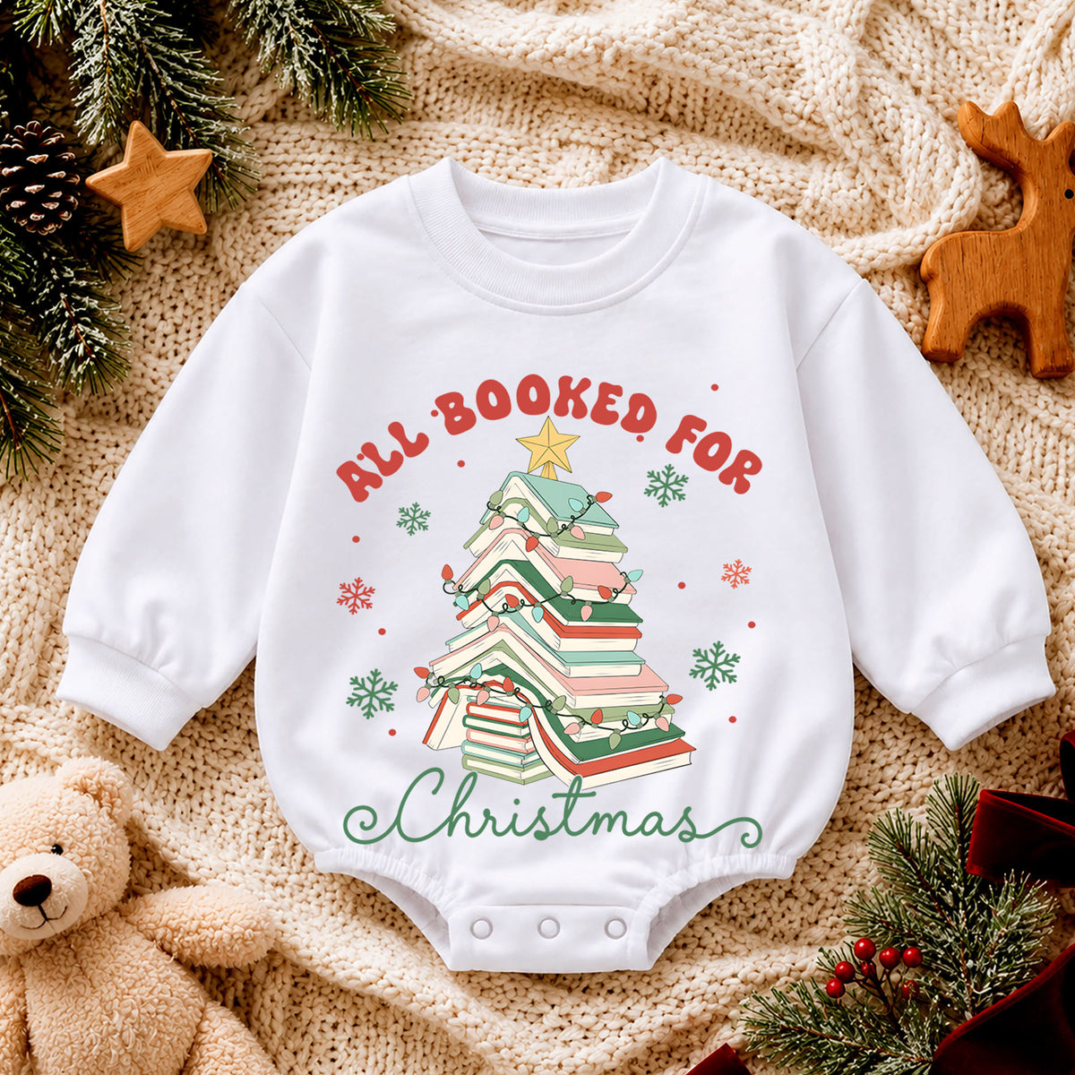 All Booked for Christmas Romper, Book Lover Holiday Romper, Christmas Book Tree Outfit, Reader Gift for Baby — product view 4