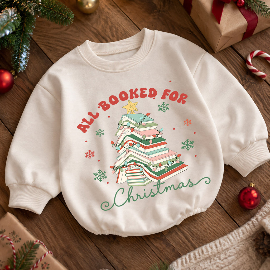 All Booked for Christmas Romper, Book Lover Holiday Romper, Christmas Book Tree Outfit, Reader Gift for Baby — product view 5