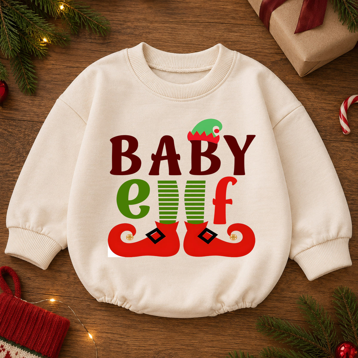 Baby Elf Christmas Romper, Cute Elf Baby Holiday Outfit, Santa Helper Toddler Xmas Romper, Baby 1st Christmas & 1st Birthday Gift — product view 2