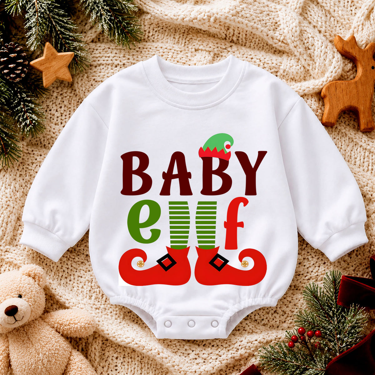 Baby Elf Christmas Romper, Cute Elf Baby Holiday Outfit, Santa Helper Toddler Xmas Romper, Baby 1st Christmas & 1st Birthday Gift — product view 4
