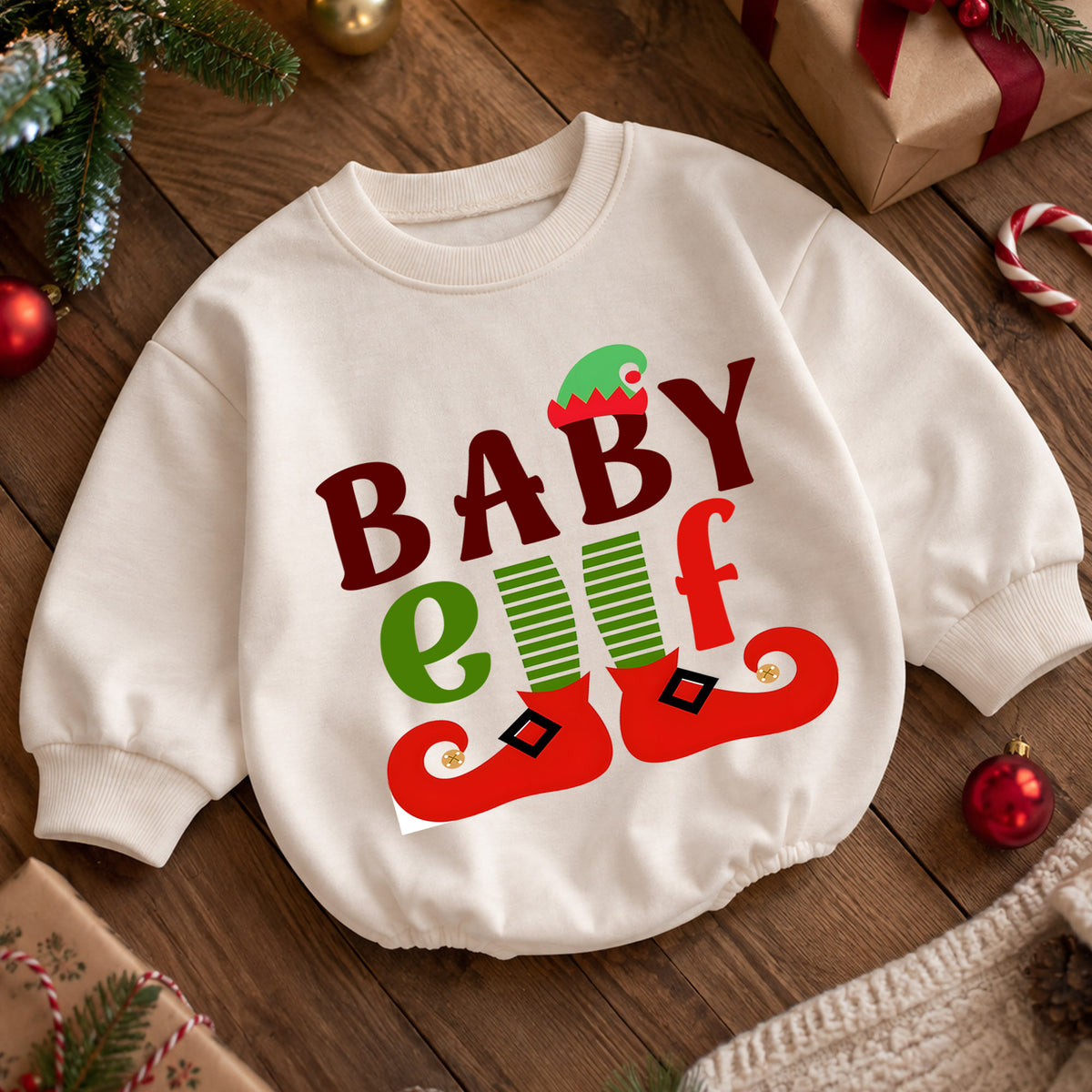 Baby Elf Christmas Romper, Cute Elf Baby Holiday Outfit, Santa Helper Toddler Xmas Romper, Baby 1st Christmas & 1st Birthday Gift — product view 5