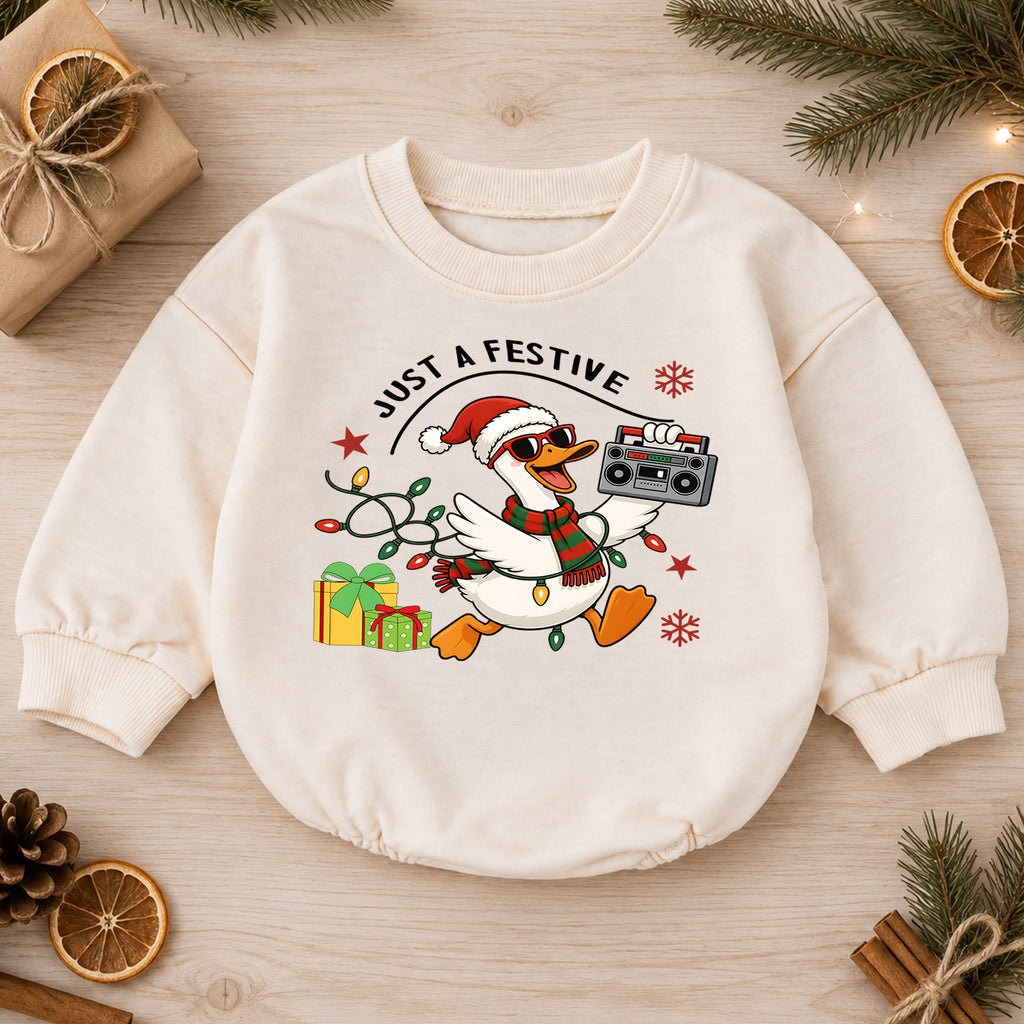Just a Festive Goose Baby Romper, Funny Christmas Goose Outfit, Holiday Romper, Toddler Xmas Gift for Baby 1st Christmas — product view 1