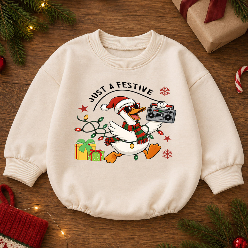Just a Festive Goose Baby Romper, Funny Christmas Goose Outfit, Holiday Romper, Toddler Xmas Gift for Baby 1st Christmas — product view 2