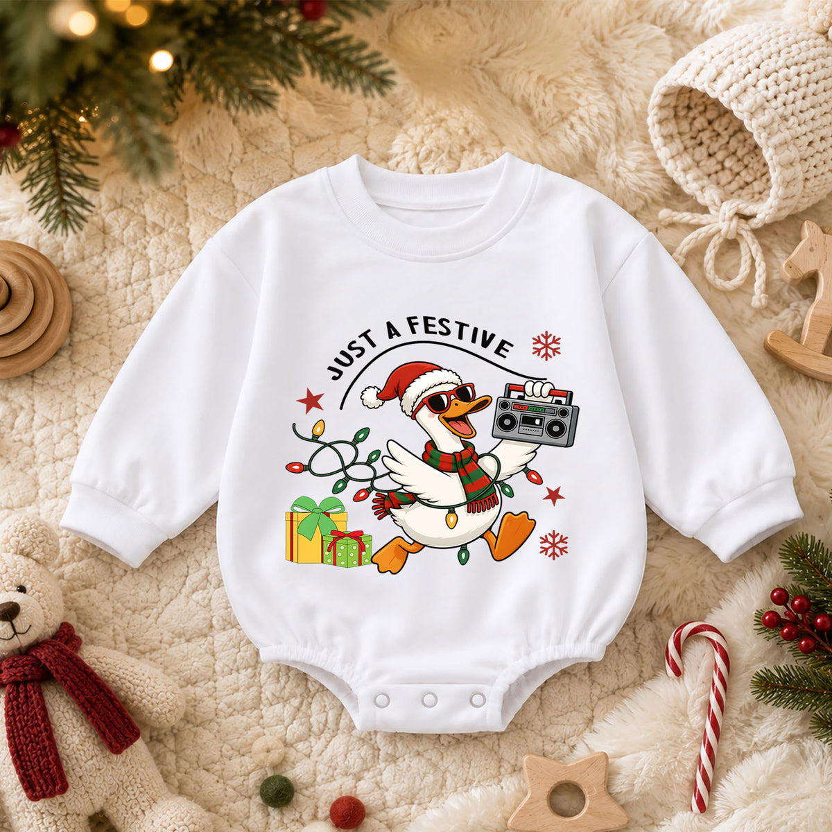 Just a Festive Goose Baby Romper, Funny Christmas Goose Outfit, Holiday Romper, Toddler Xmas Gift for Baby 1st Christmas — product view 3