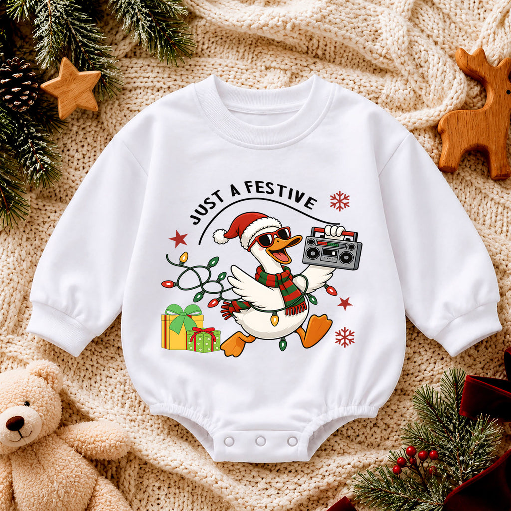 Just a Festive Goose Baby Romper, Funny Christmas Goose Outfit, Holiday Romper, Toddler Xmas Gift for Baby 1st Christmas — product view 4