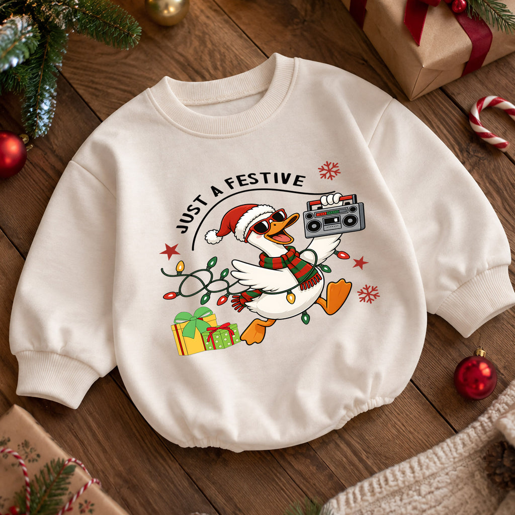 Just a Festive Goose Baby Romper, Funny Christmas Goose Outfit, Holiday Romper, Toddler Xmas Gift for Baby 1st Christmas — product view 5