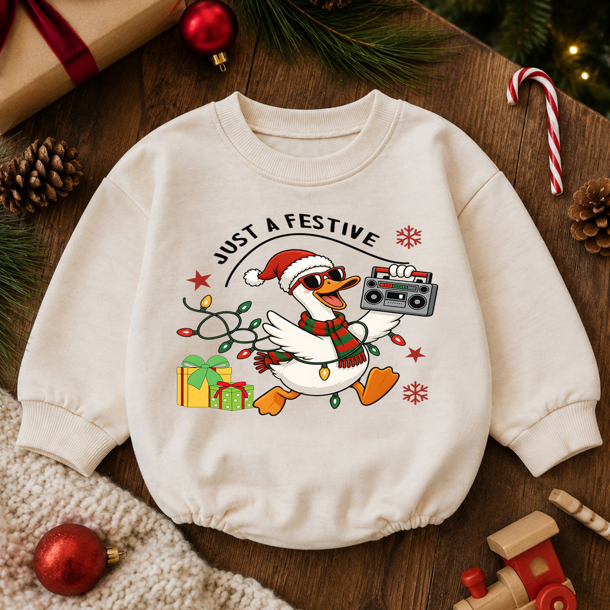 Just a Festive Goose Baby Romper, Funny Christmas Goose Outfit, Holiday Romper, Toddler Xmas Gift for Baby 1st Christmas — product view 6