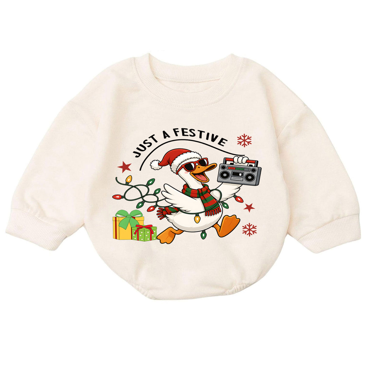 Just a Festive Goose Baby Romper, Funny Christmas Goose Outfit, Holiday Romper, Toddler Xmas Gift for Baby 1st Christmas — product view 7