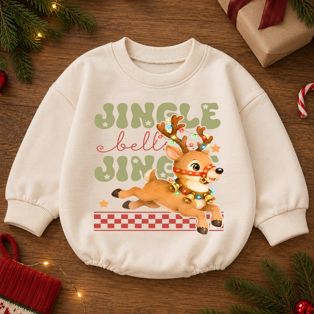 Jingle Bells Reindeer Baby Romper, Cute Christmas Reindeer 1st Birthday Holiday Outfit, Toddler Xmas Romper, Festive Christmas Gift — product view 2