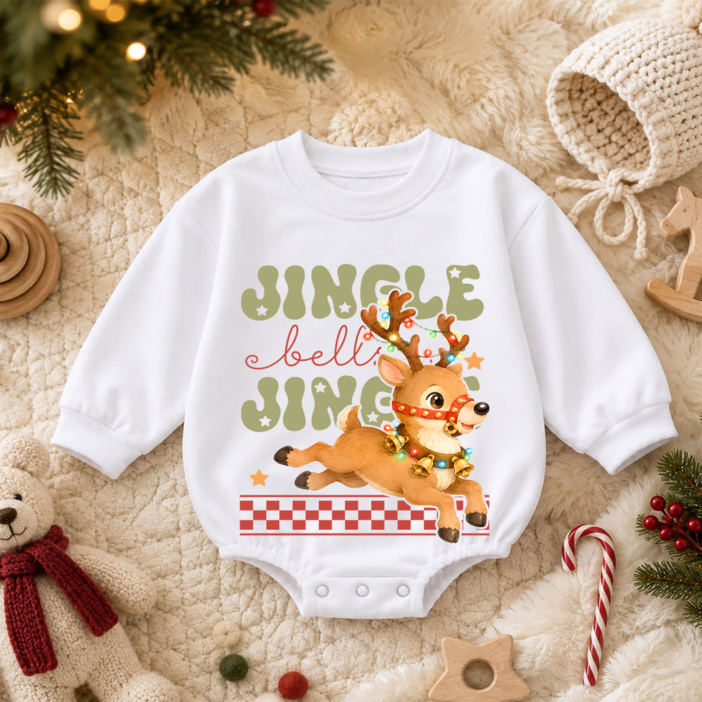 Jingle Bells Reindeer Baby Romper, Cute Christmas Reindeer 1st Birthday Holiday Outfit, Toddler Xmas Romper, Festive Christmas Gift — product view 3