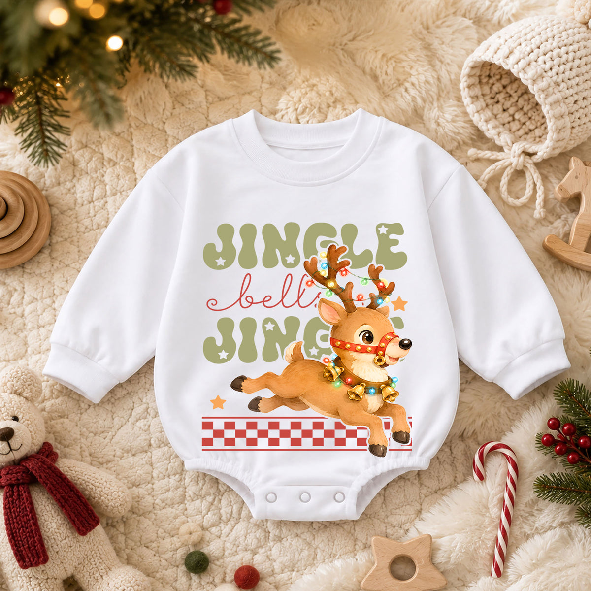 Jingle Bells Reindeer Baby Romper, Cute Christmas Reindeer 1st Birthday Holiday Outfit, Toddler Xmas Romper, Festive Christmas Gift — product view 3
