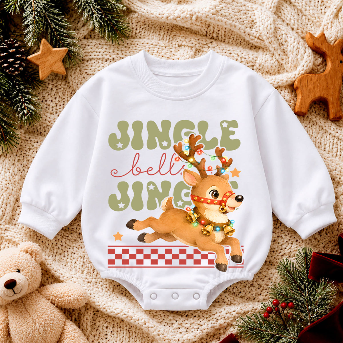 Jingle Bells Reindeer Baby Romper, Cute Christmas Reindeer 1st Birthday Holiday Outfit, Toddler Xmas Romper, Festive Christmas Gift — product view 4