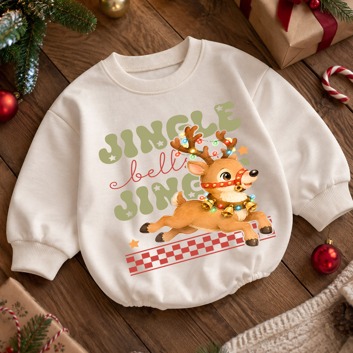 Jingle Bells Reindeer Baby Romper, Cute Christmas Reindeer 1st Birthday Holiday Outfit, Toddler Xmas Romper, Festive Christmas Gift — product view 5