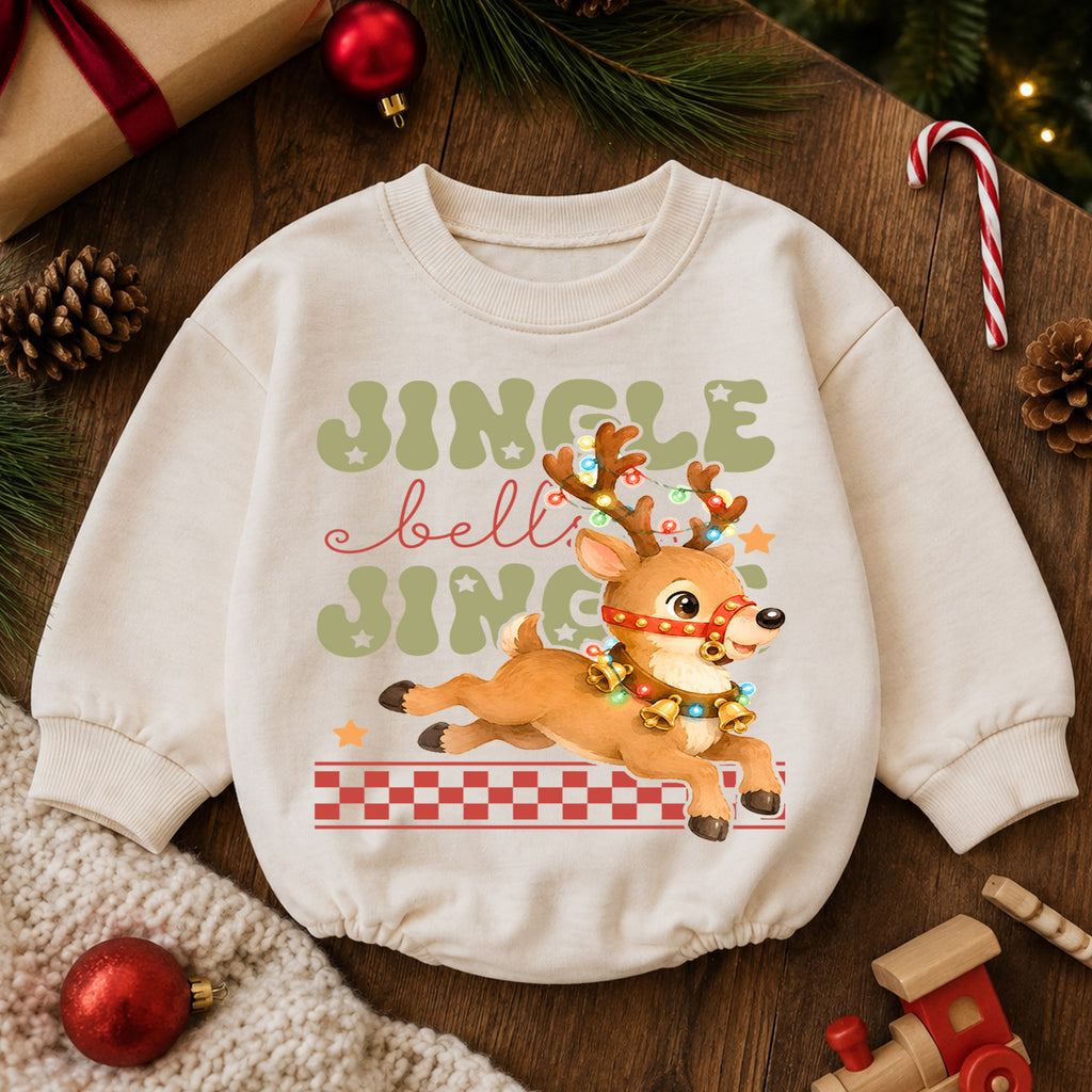 Jingle Bells Reindeer Baby Romper, Cute Christmas Reindeer 1st Birthday Holiday Outfit, Toddler Xmas Romper, Festive Christmas Gift — product view 6