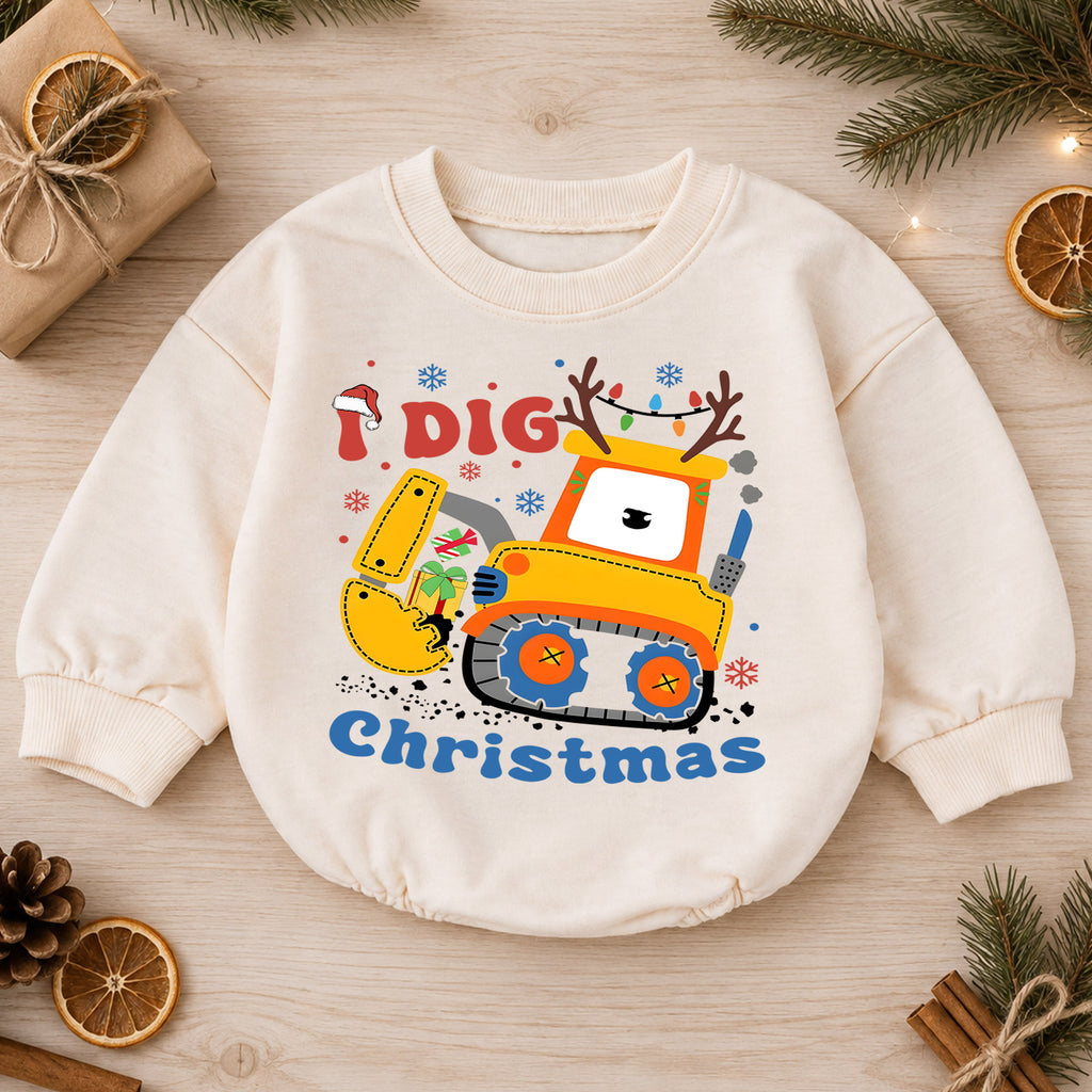 Construction Christmas Baby Romper, I Dig Christmas Excavator Outfit, Cute Toddler Holiday Romper, Baby 1st Christmas Gift — product view 1