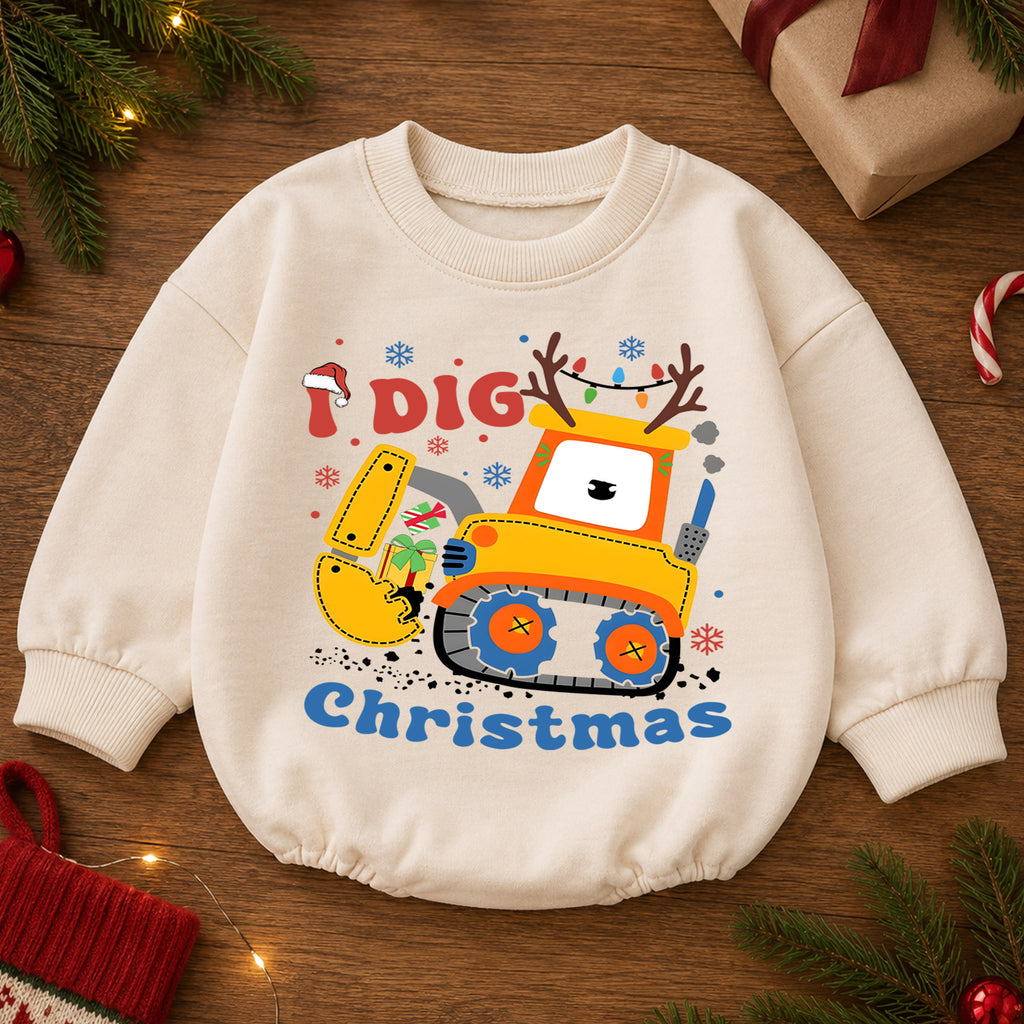 Construction Christmas Baby Romper, I Dig Christmas Excavator Outfit, Cute Toddler Holiday Romper, Baby 1st Christmas Gift — product view 2