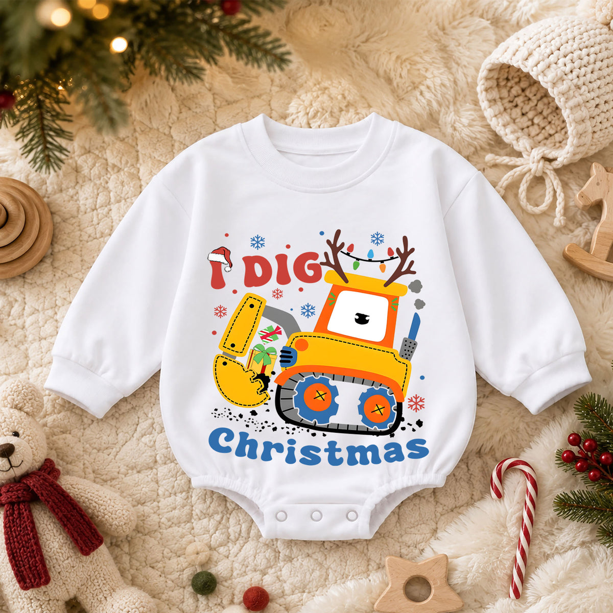 Construction Christmas Baby Romper, I Dig Christmas Excavator Outfit, Cute Toddler Holiday Romper, Baby 1st Christmas Gift — product view 3