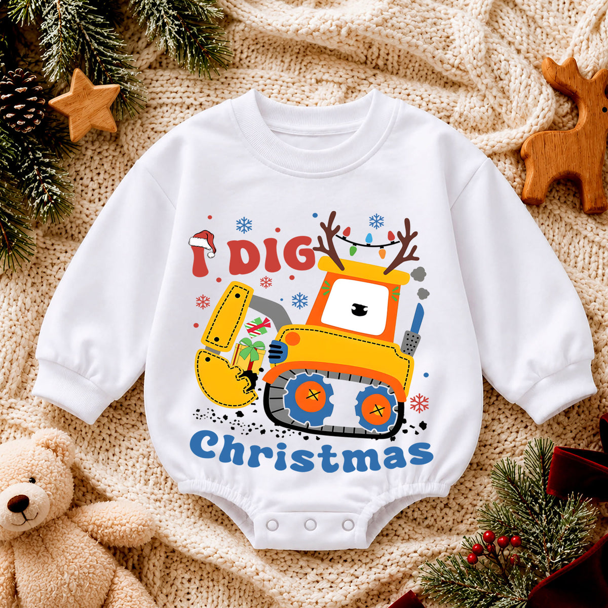 Construction Christmas Baby Romper, I Dig Christmas Excavator Outfit, Cute Toddler Holiday Romper, Baby 1st Christmas Gift — product view 4