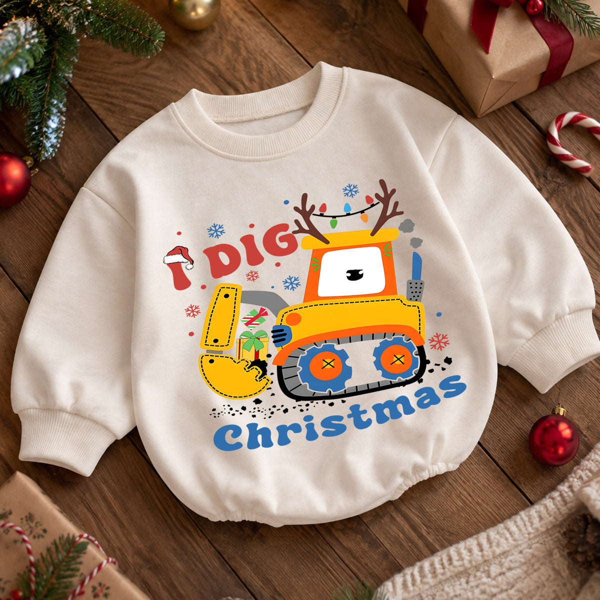 Construction Christmas Baby Romper, I Dig Christmas Excavator Outfit, Cute Toddler Holiday Romper, Baby 1st Christmas Gift — product view 5