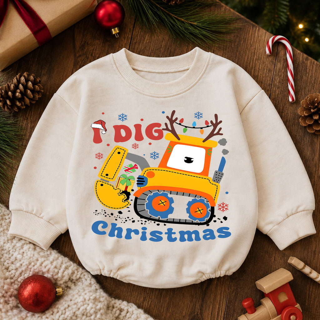 Construction Christmas Baby Romper, I Dig Christmas Excavator Outfit, Cute Toddler Holiday Romper, Baby 1st Christmas Gift — product view 6