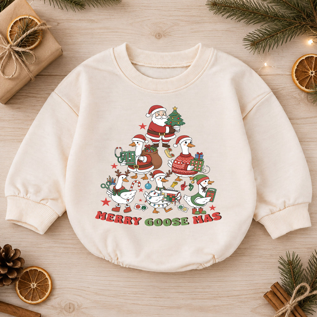 Christmas Goose Baby Romper, Merry Goosemas Holiday Outfit, Funny Festive Goose Romper, Cute Toddler 1st Christmas Gift — product view 1