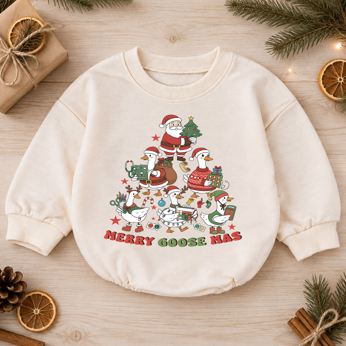 Christmas Goose Baby Romper, Merry Goosemas Holiday Outfit, Funny Festive Goose Romper, Cute Toddler 1st Christmas Gift — product view 1