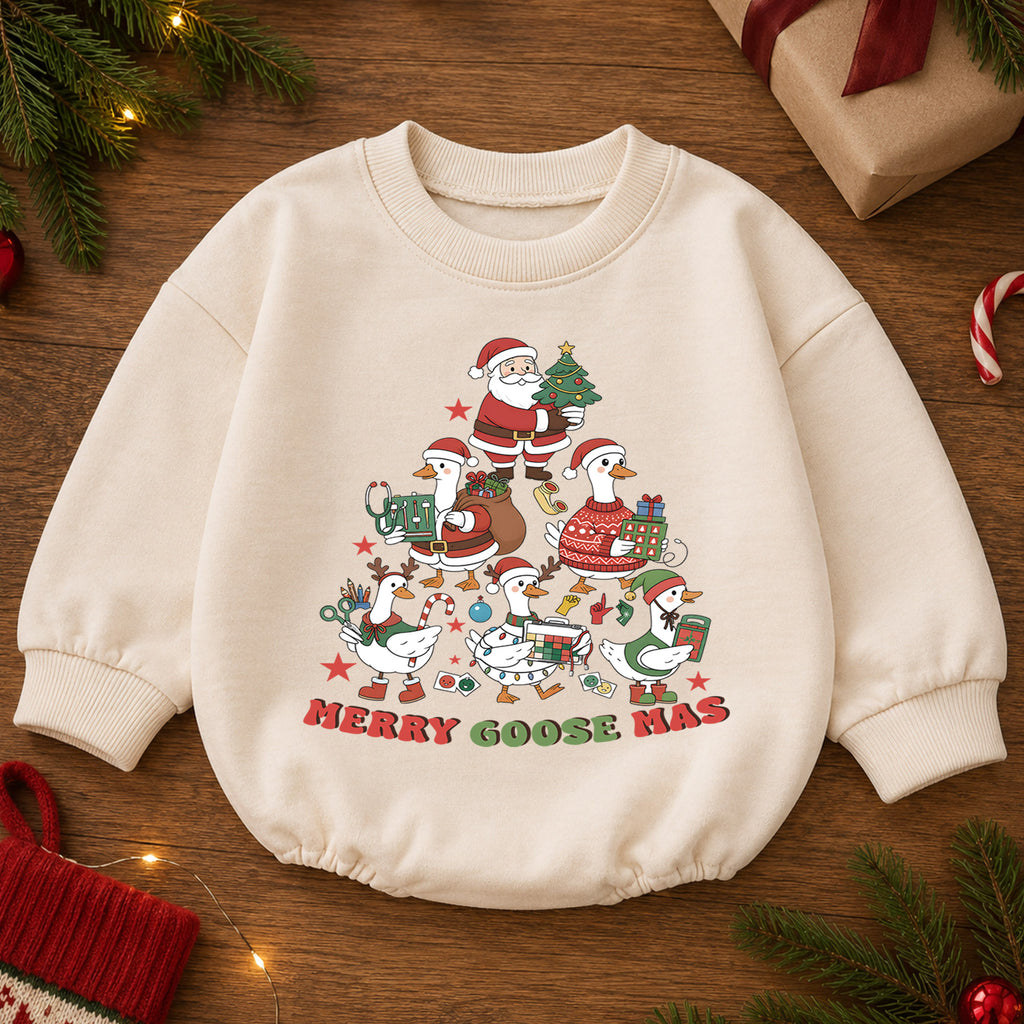Christmas Goose Baby Romper, Merry Goosemas Holiday Outfit, Funny Festive Goose Romper, Cute Toddler 1st Christmas Gift — product view 2