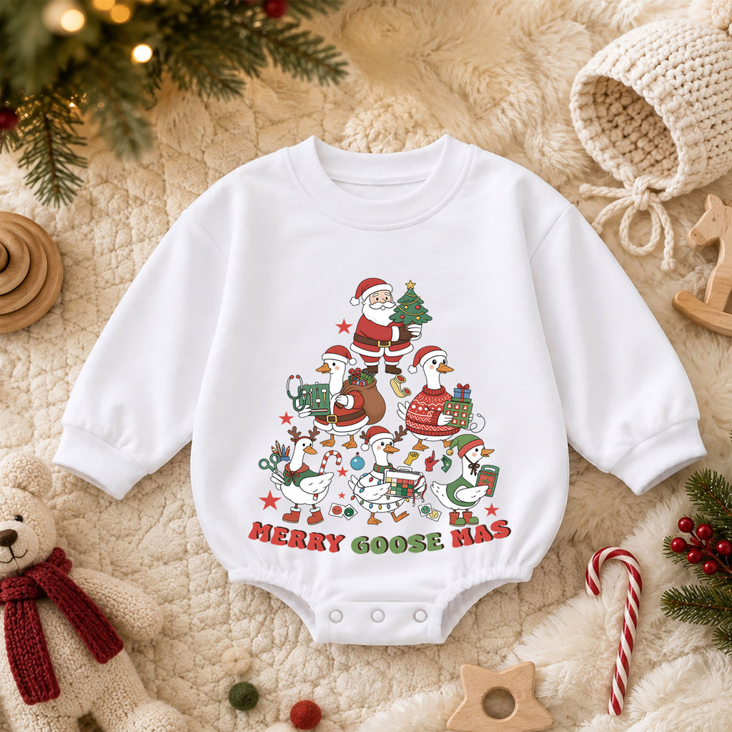 Christmas Goose Baby Romper, Merry Goosemas Holiday Outfit, Funny Festive Goose Romper, Cute Toddler 1st Christmas Gift — product view 3