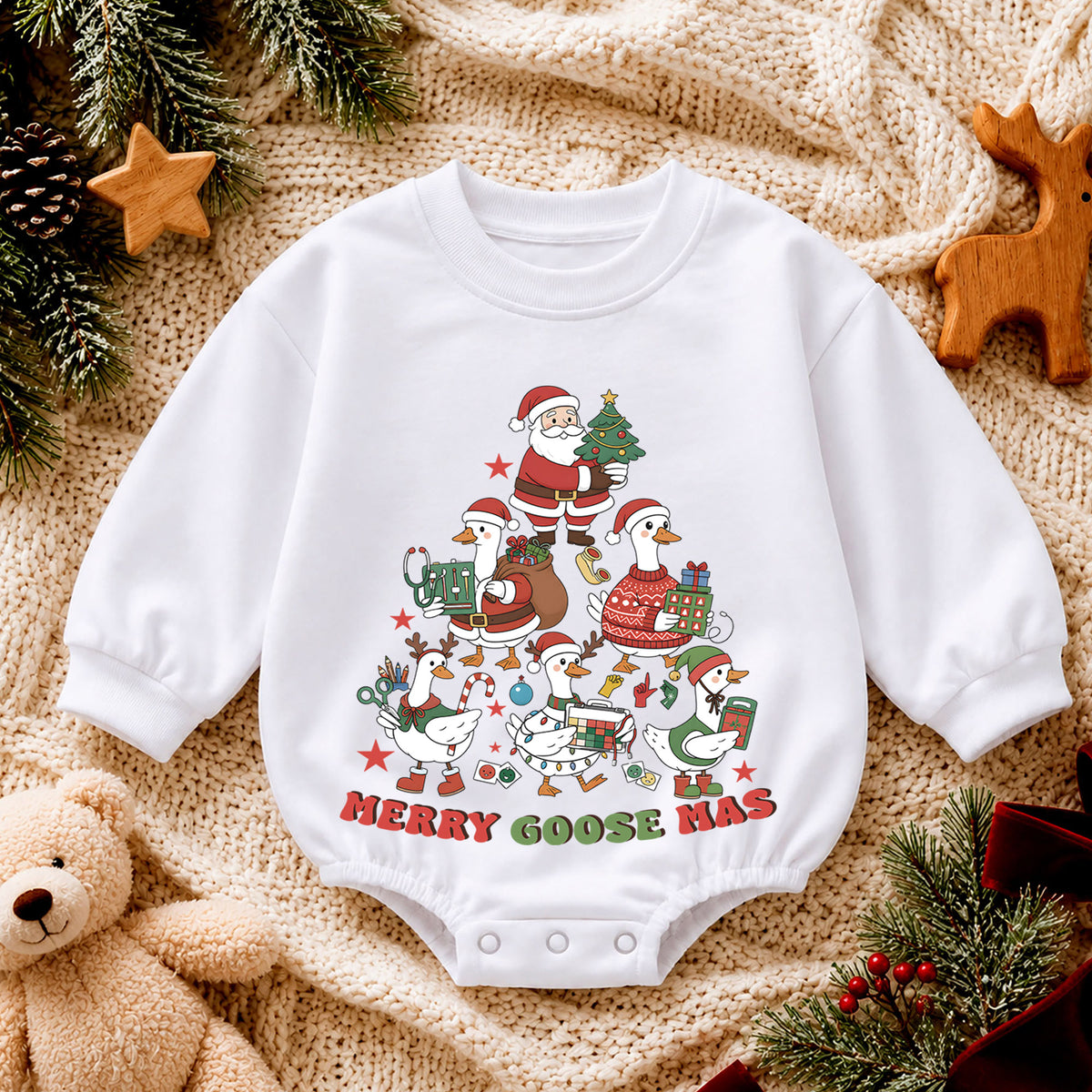 Christmas Goose Baby Romper, Merry Goosemas Holiday Outfit, Funny Festive Goose Romper, Cute Toddler 1st Christmas Gift — product view 4