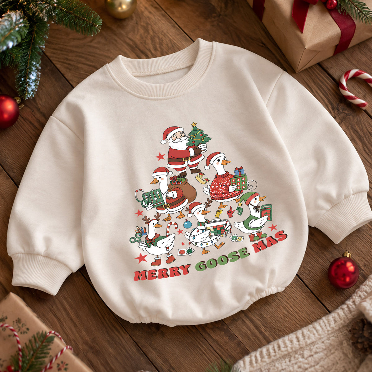 Christmas Goose Baby Romper, Merry Goosemas Holiday Outfit, Funny Festive Goose Romper, Cute Toddler 1st Christmas Gift — product view 5