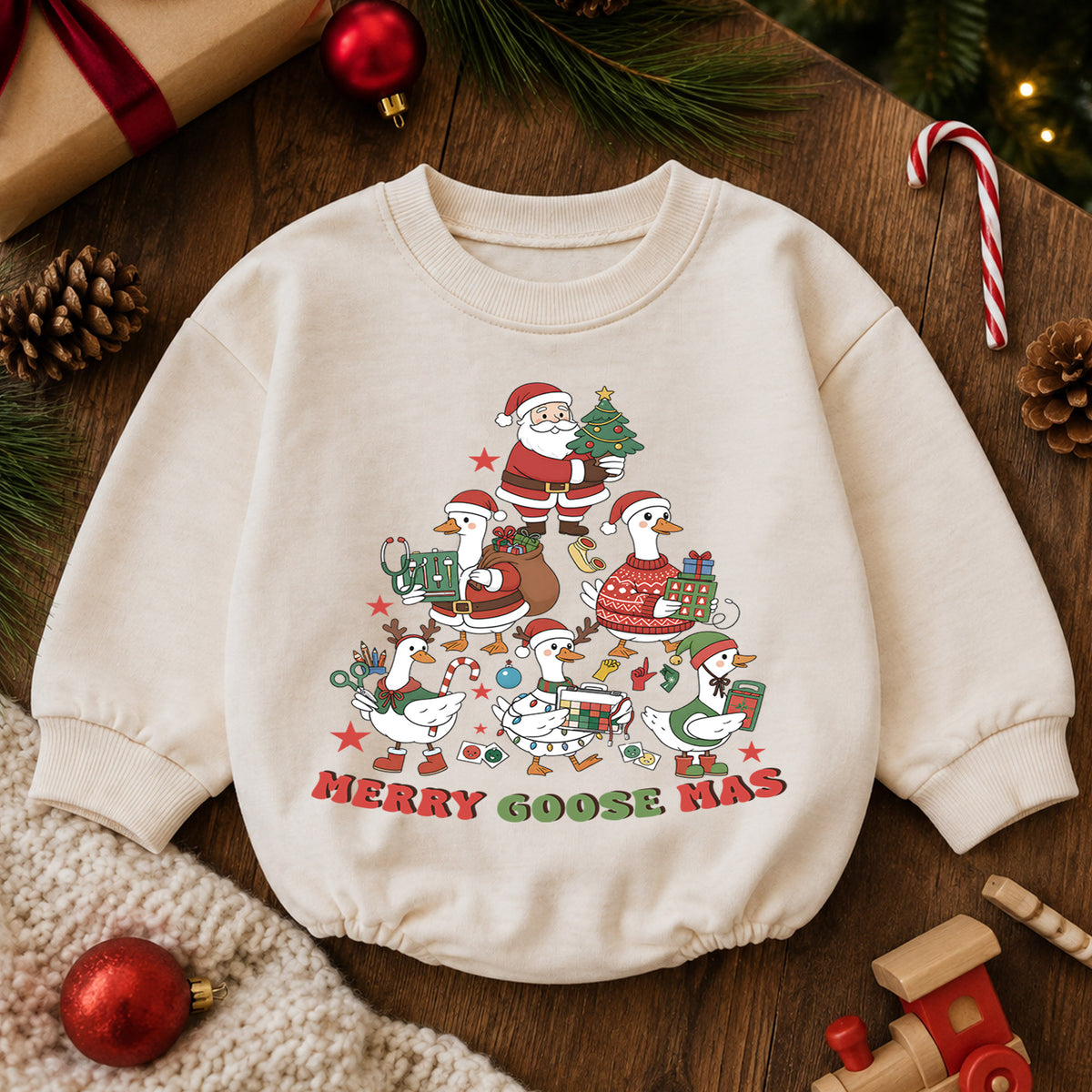 Christmas Goose Baby Romper, Merry Goosemas Holiday Outfit, Funny Festive Goose Romper, Cute Toddler 1st Christmas Gift — product view 6