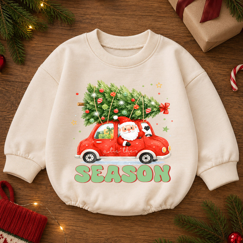 Tis the Season Baby Romper, Santa Christmas Car 1st Birthday Holiday Outfit, Christmas Tree Toddler Xmas Romper, Cute Holiday Gift — product view 2