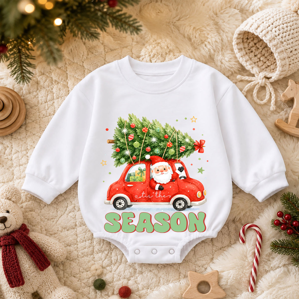 Tis the Season Baby Romper, Santa Christmas Car 1st Birthday Holiday Outfit, Christmas Tree Toddler Xmas Romper, Cute Holiday Gift — product view 3