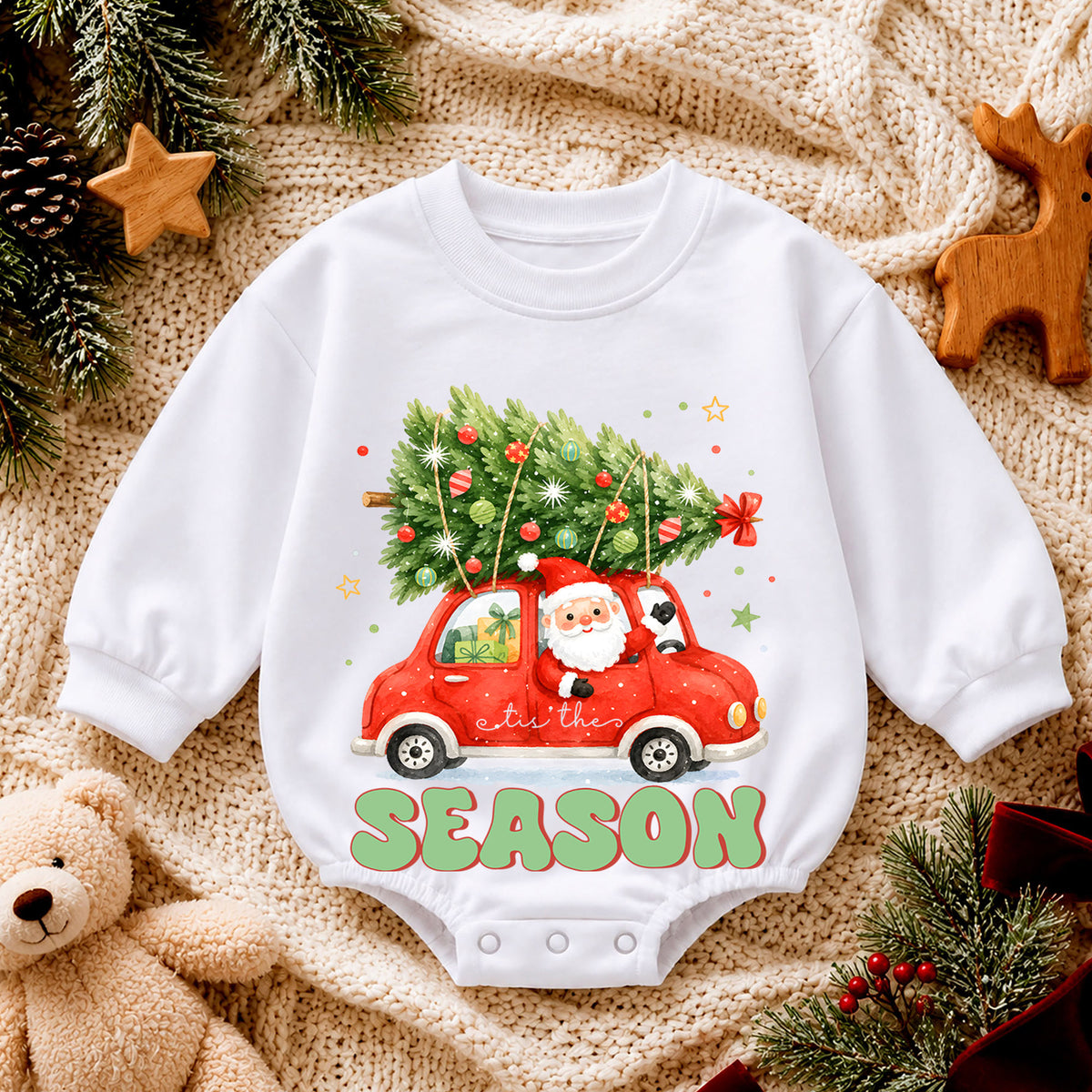Tis the Season Baby Romper, Santa Christmas Car 1st Birthday Holiday Outfit, Christmas Tree Toddler Xmas Romper, Cute Holiday Gift — product view 4