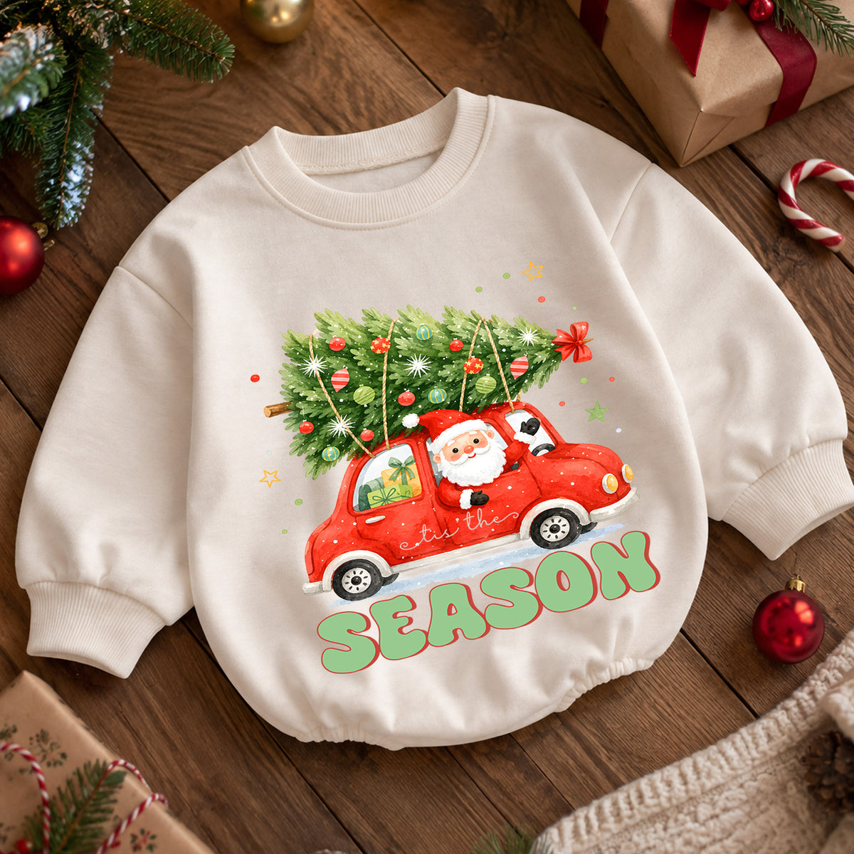 Tis the Season Baby Romper, Santa Christmas Car 1st Birthday Holiday Outfit, Christmas Tree Toddler Xmas Romper, Cute Holiday Gift — product view 5