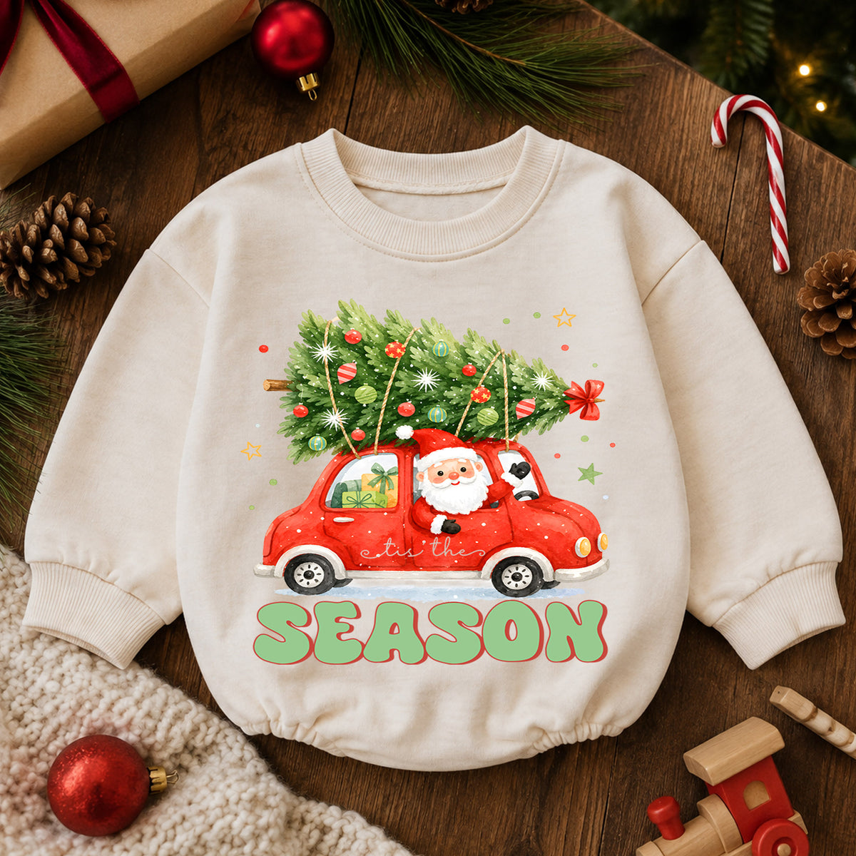 Tis the Season Baby Romper, Santa Christmas Car 1st Birthday Holiday Outfit, Christmas Tree Toddler Xmas Romper, Cute Holiday Gift — product view 6